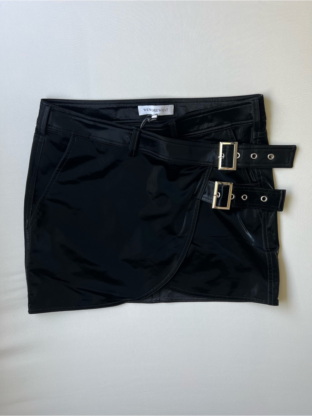 NWT WeWoreWhat XS Patent Vegan Leather Wrap Mini Skirt Black Double Buckle